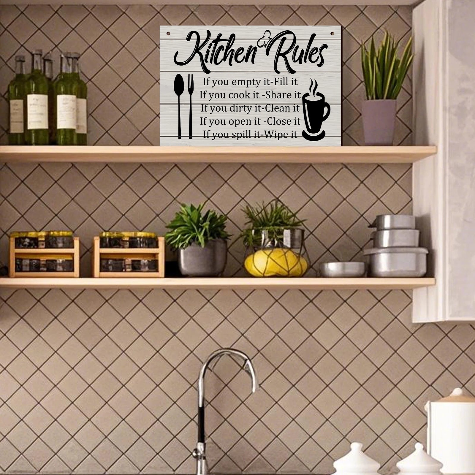 Kitchen Wooden Rules Decor Plaque with Utensil Icons and Funny Phrases to Enhance the Kitchen's Warm Atmosphere