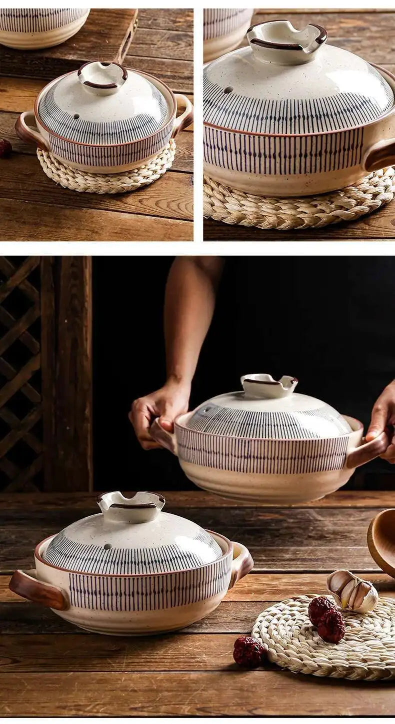 Japanese Retro Cookware Casserole Stew Pan With Cover Ceramic Soup Cooking Boiler Thick Bottom Pots