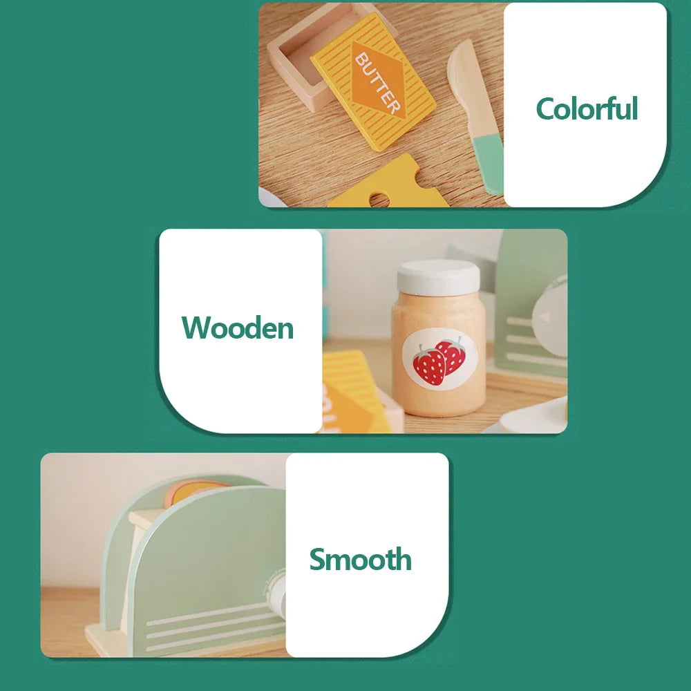 Wooden Toaster Toy Kids Bread Machine Kit Pretend Play Kitchen Toys Set Breakfast Educational Toys Gifts for Girls Boys