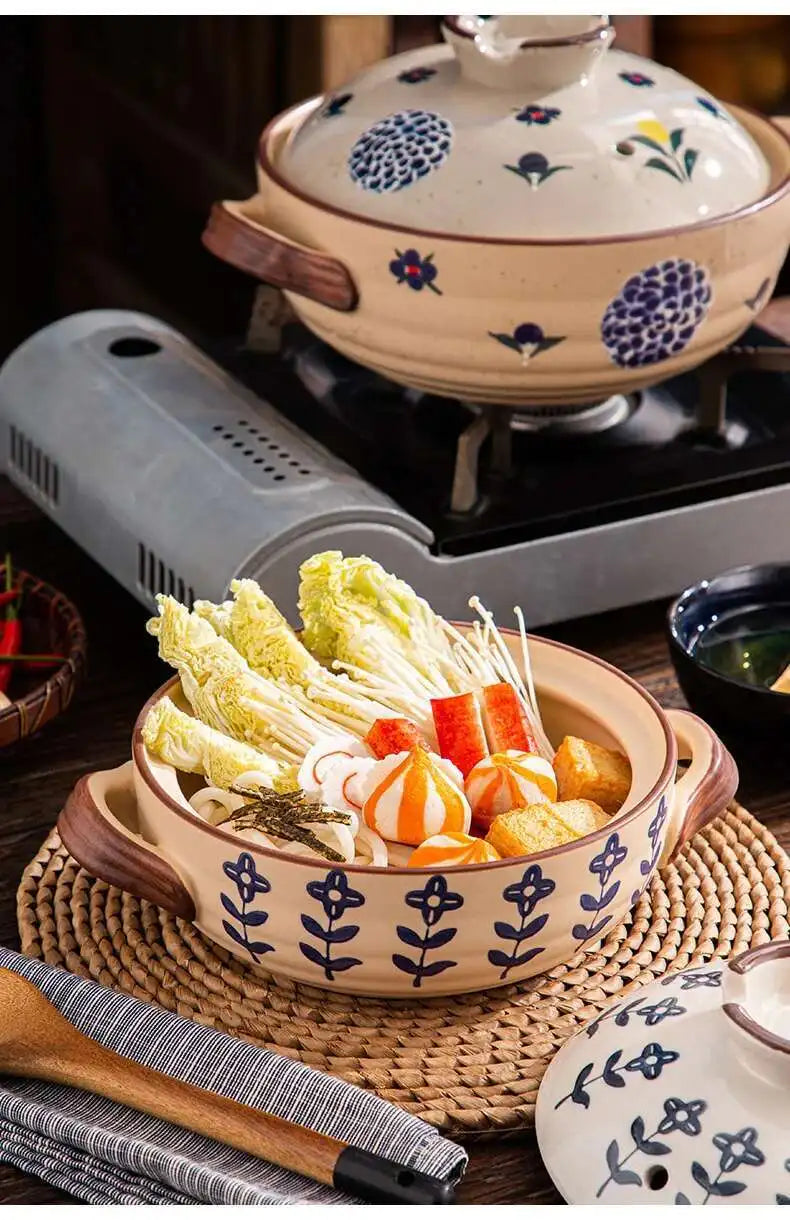 Japanese Ceramic Casserole Stew Pot Household Cooking Gas Retro Flower Pattern Soup Pots High Temperature Resistant Cooking Pot