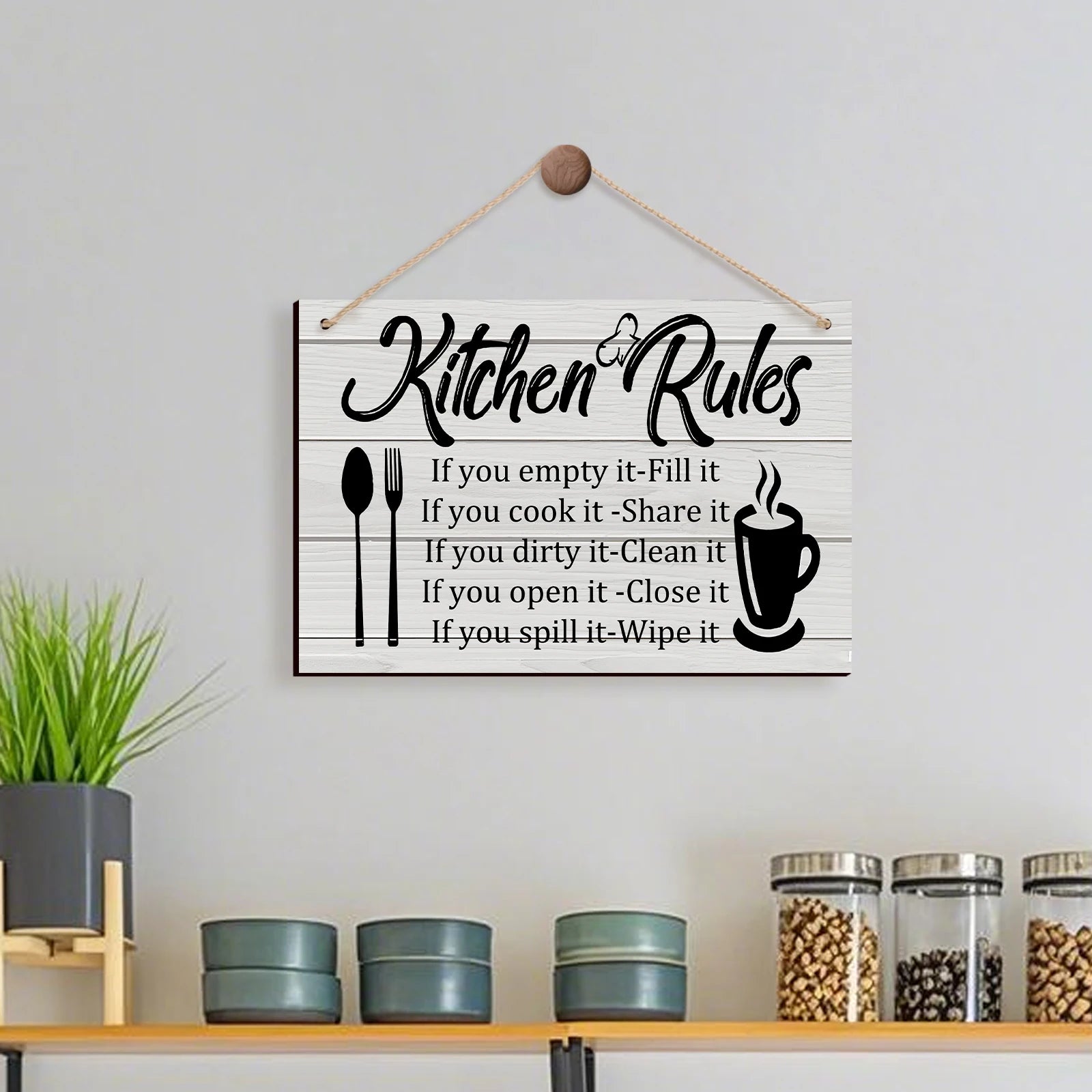Kitchen Wooden Rules Decor Plaque with Utensil Icons and Funny Phrases to Enhance the Kitchen's Warm Atmosphere