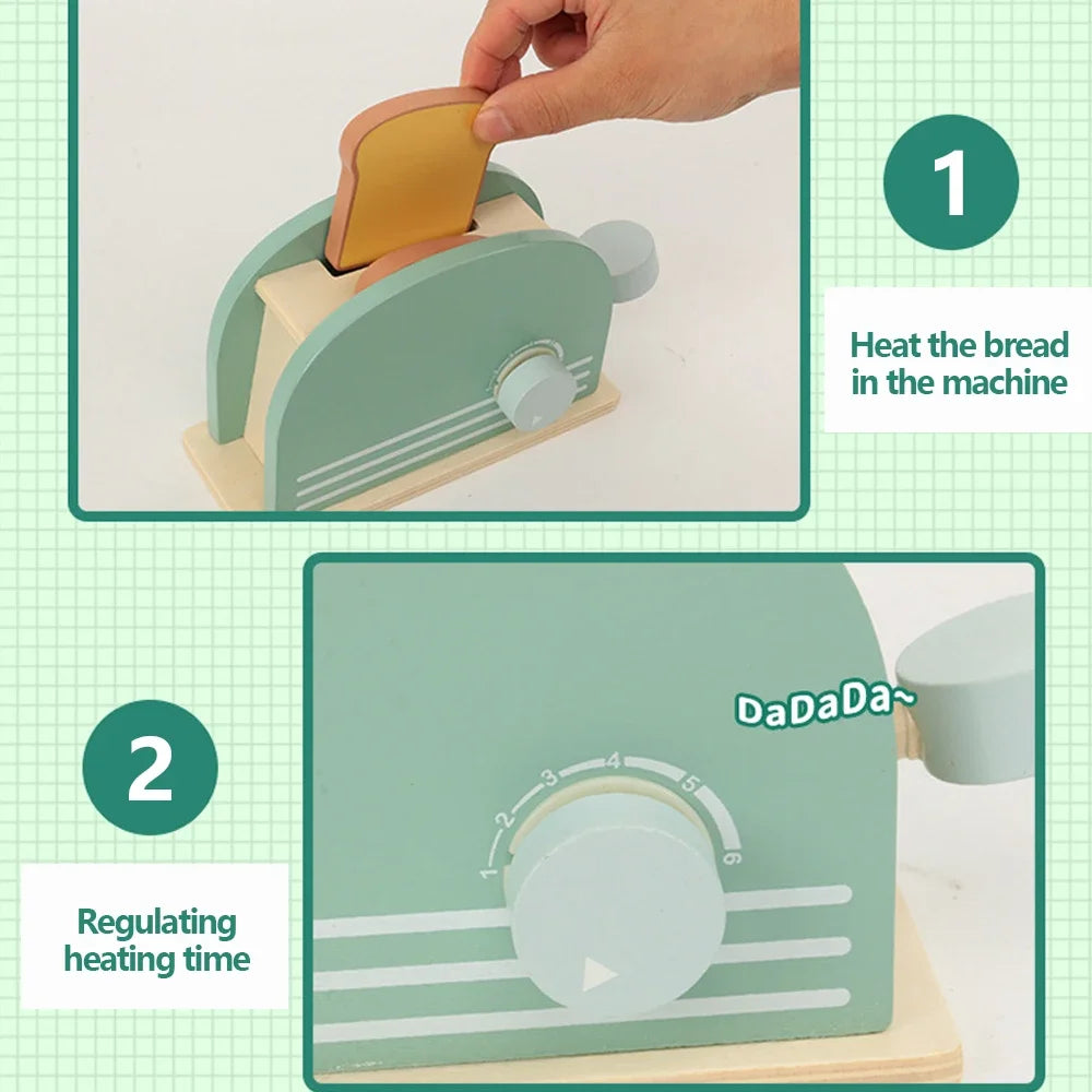 Wooden Toaster Toy Kids Bread Machine Kit Pretend Play Kitchen Toys Set Breakfast Educational Toys Gifts for Girls Boys