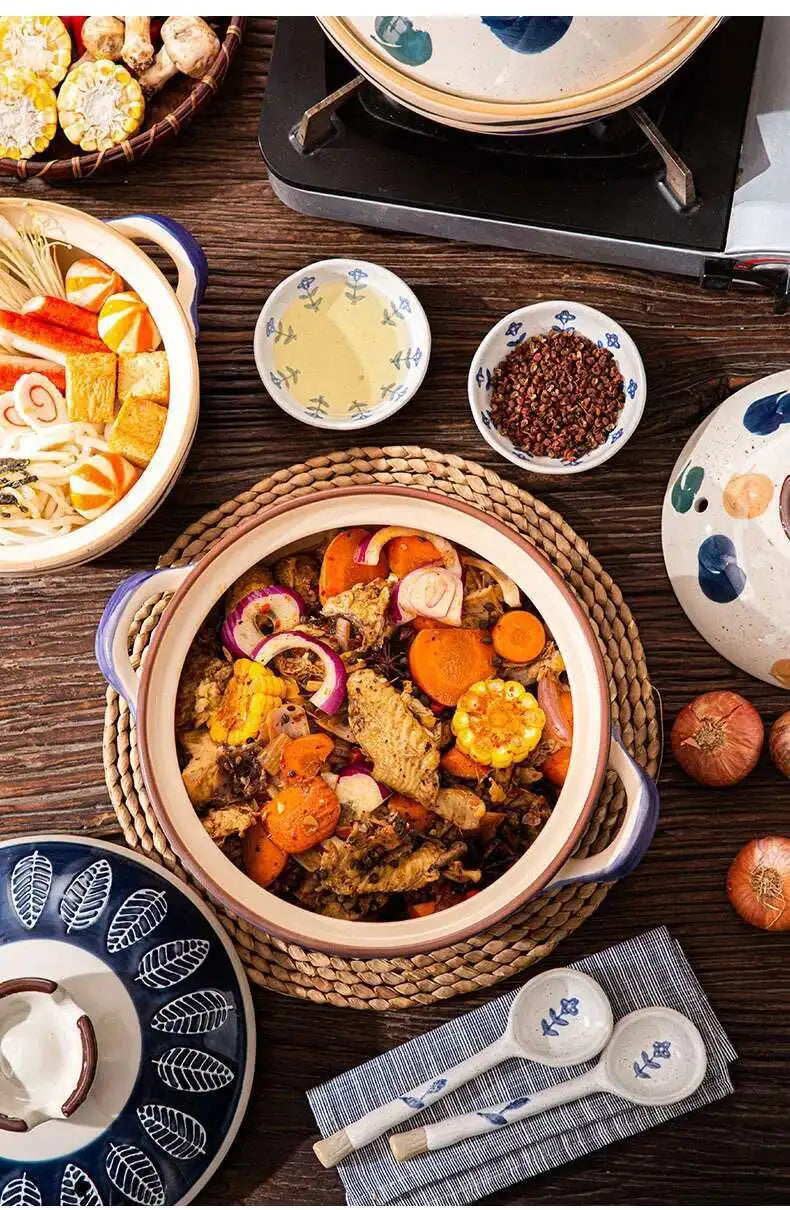 Japanese Ceramic Casserole Stew Pot Household Cooking Gas Retro Flower Pattern Soup Pots High Temperature Resistant Cooking Pot