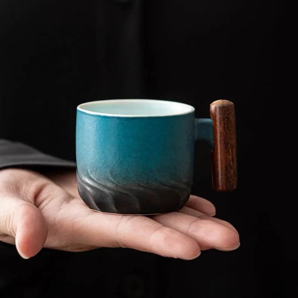80ml Ceramic Retro Coffee Cup Office Water Cup Filter Tea Mug Wooden Handle Coffee Mug Handmade Tea Coffee Cup Birthday Gift