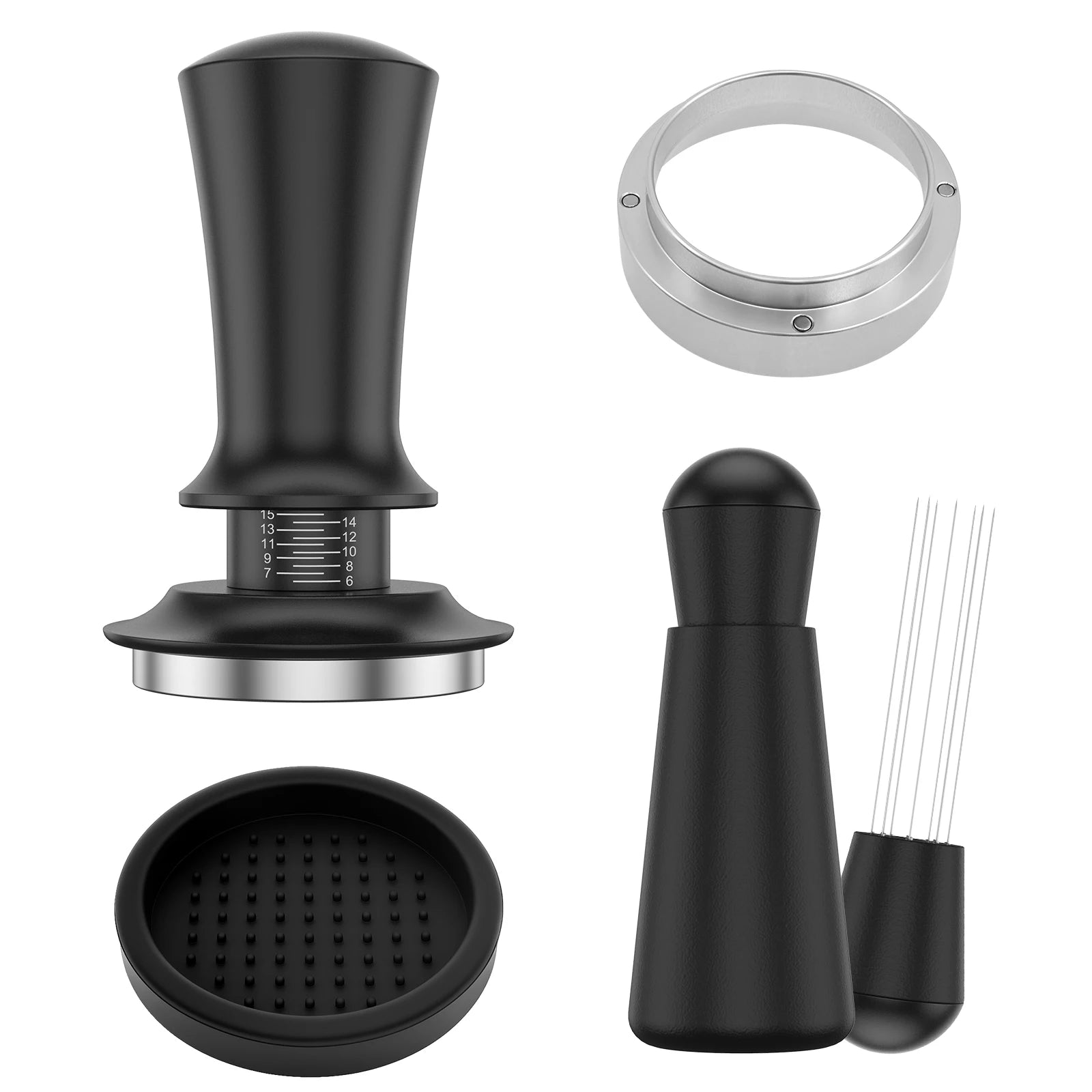 Coffee Machine Accessories Kit with Coffee Tamper Dosing Ring Distribution Needle and Tamper Mat Barista Espresso Making Tools