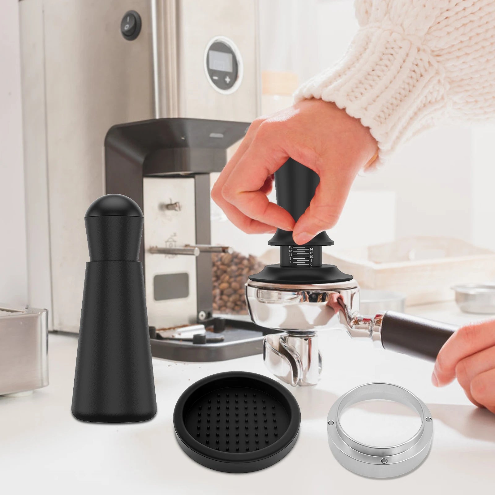 Coffee Machine Accessories Kit with Coffee Tamper Dosing Ring Distribution Needle and Tamper Mat Barista Espresso Making Tools