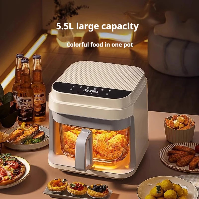 1200W Air Fryer with Transparent Glass Basket - No Flipping, Multifunctional Oven, Cool Touch Handle, 8-in-1 Cooking, Home Use