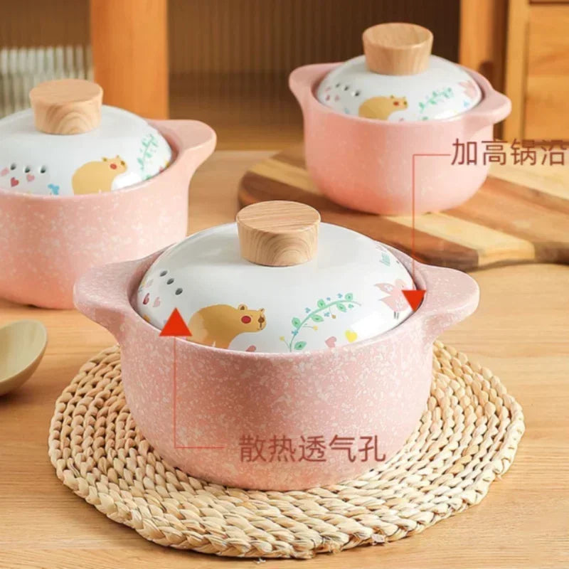 Ceramic Casserole Korean Cartoon Ceramics Soup Pot Cute Pink Saucepan Cookware Utensils Clay Pan Home Kitchen Cooking Supplies