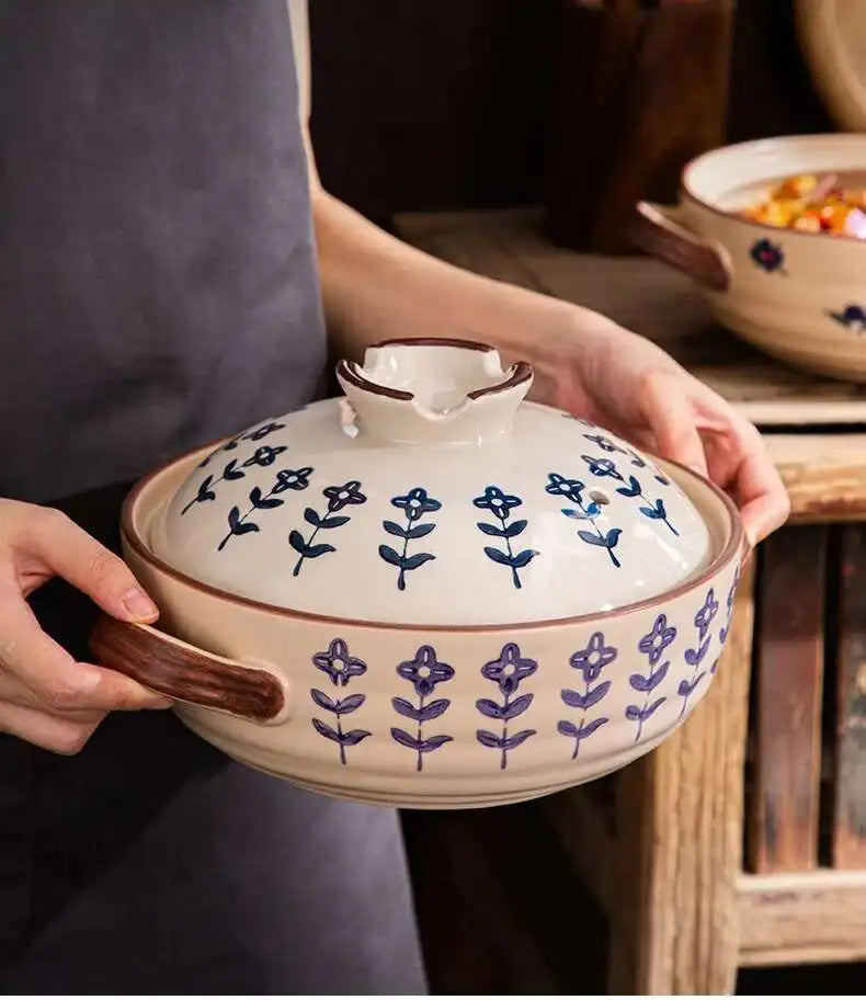 Japanese Ceramic Casserole Stew Pot Household Cooking Gas Retro Flower Pattern Soup Pots High Temperature Resistant Cooking Pot