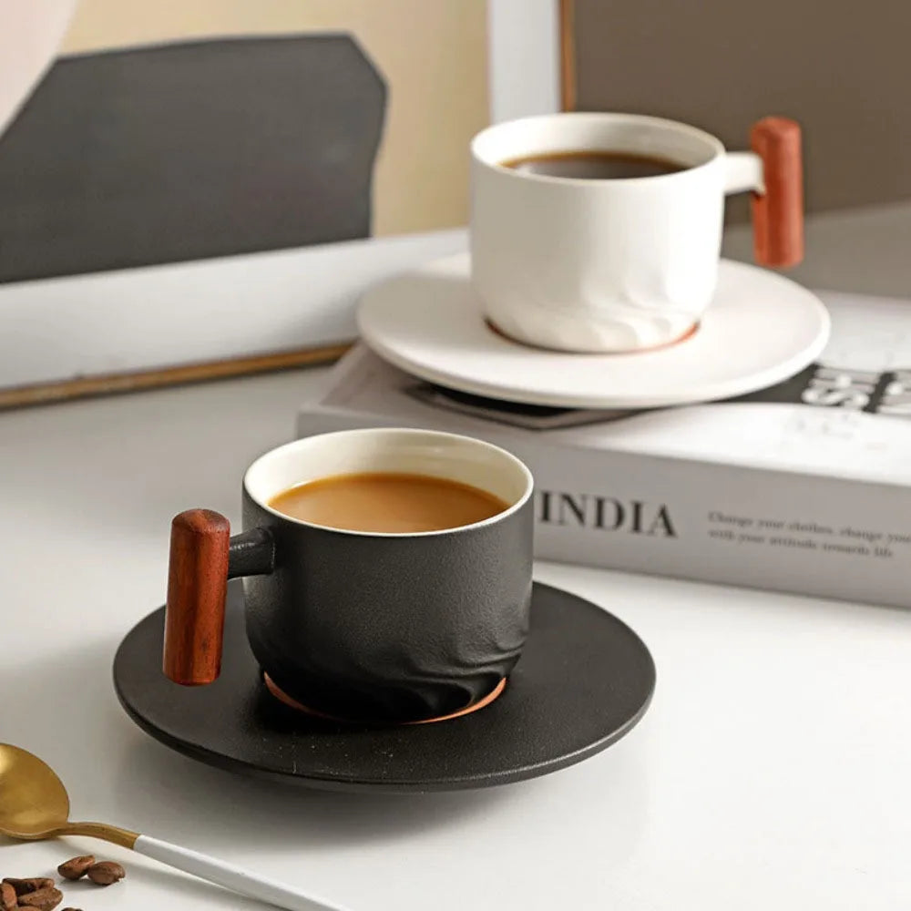 80ml Ceramic Retro Coffee Cup Office Water Cup Filter Tea Mug Wooden Handle Coffee Mug Handmade Tea Coffee Cup Birthday Gift
