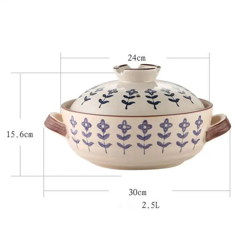 Japanese Ceramic Casserole Stew Pot Household Cooking Gas Retro Flower Pattern Soup Pots High Temperature Resistant Cooking Pot