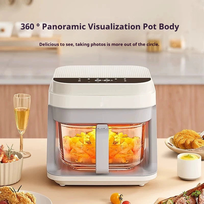 1200W Air Fryer with Transparent Glass Basket - No Flipping, Multifunctional Oven, Cool Touch Handle, 8-in-1 Cooking, Home Use