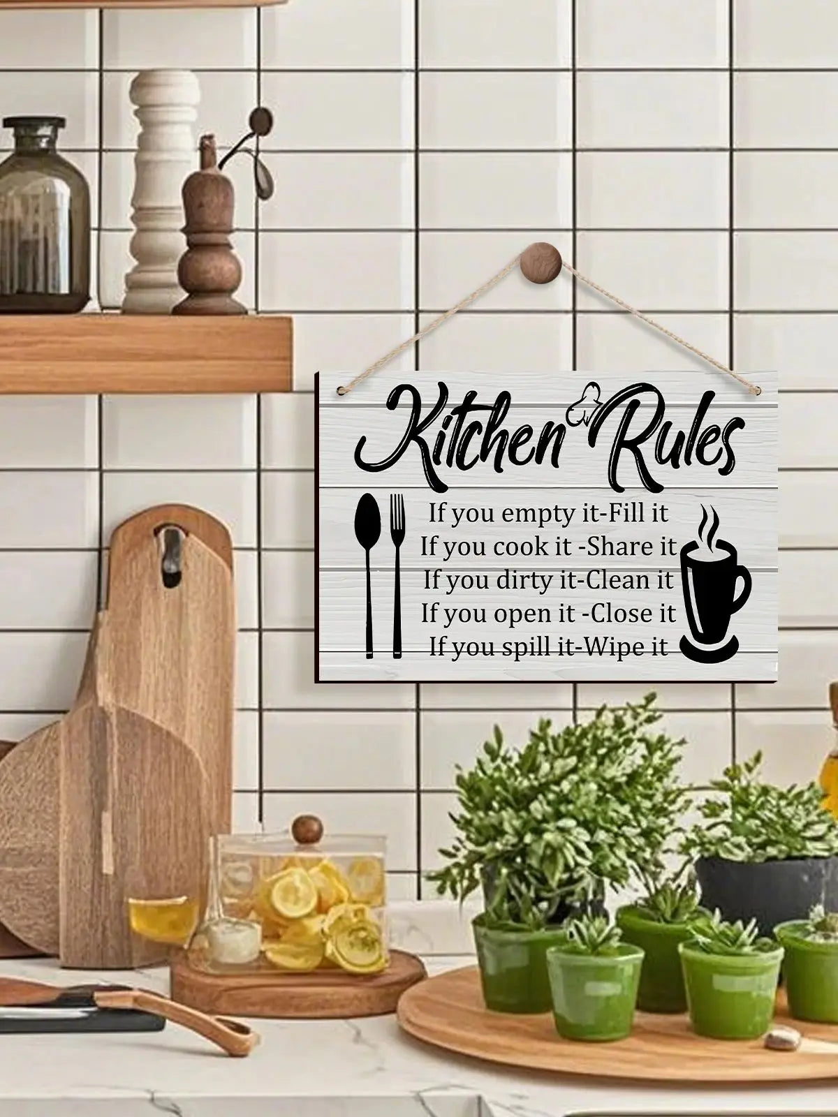 Kitchen Wooden Rules Decor Plaque with Utensil Icons and Funny Phrases to Enhance the Kitchen's Warm Atmosphere