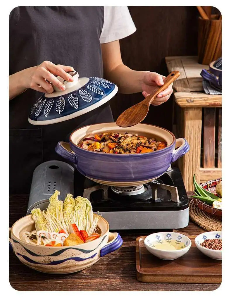 Japanese Ceramic Casserole Stew Pot Household Cooking Gas Retro Flower Pattern Soup Pots High Temperature Resistant Cooking Pot