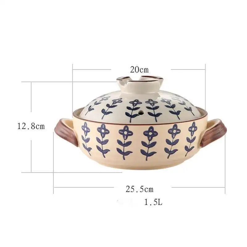 Japanese Ceramic Casserole Stew Pot Household Cooking Gas Retro Flower Pattern Soup Pots High Temperature Resistant Cooking Pot