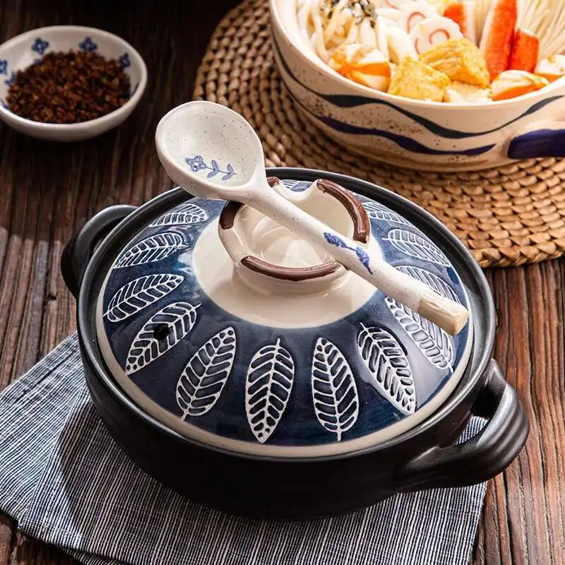 Japanese Ceramic Casserole Stew Pot Household Cooking Gas Retro Flower Pattern Soup Pots High Temperature Resistant Cooking Pot