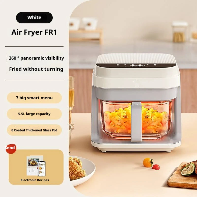 1200W Air Fryer with Transparent Glass Basket - No Flipping, Multifunctional Oven, Cool Touch Handle, 8-in-1 Cooking, Home Use