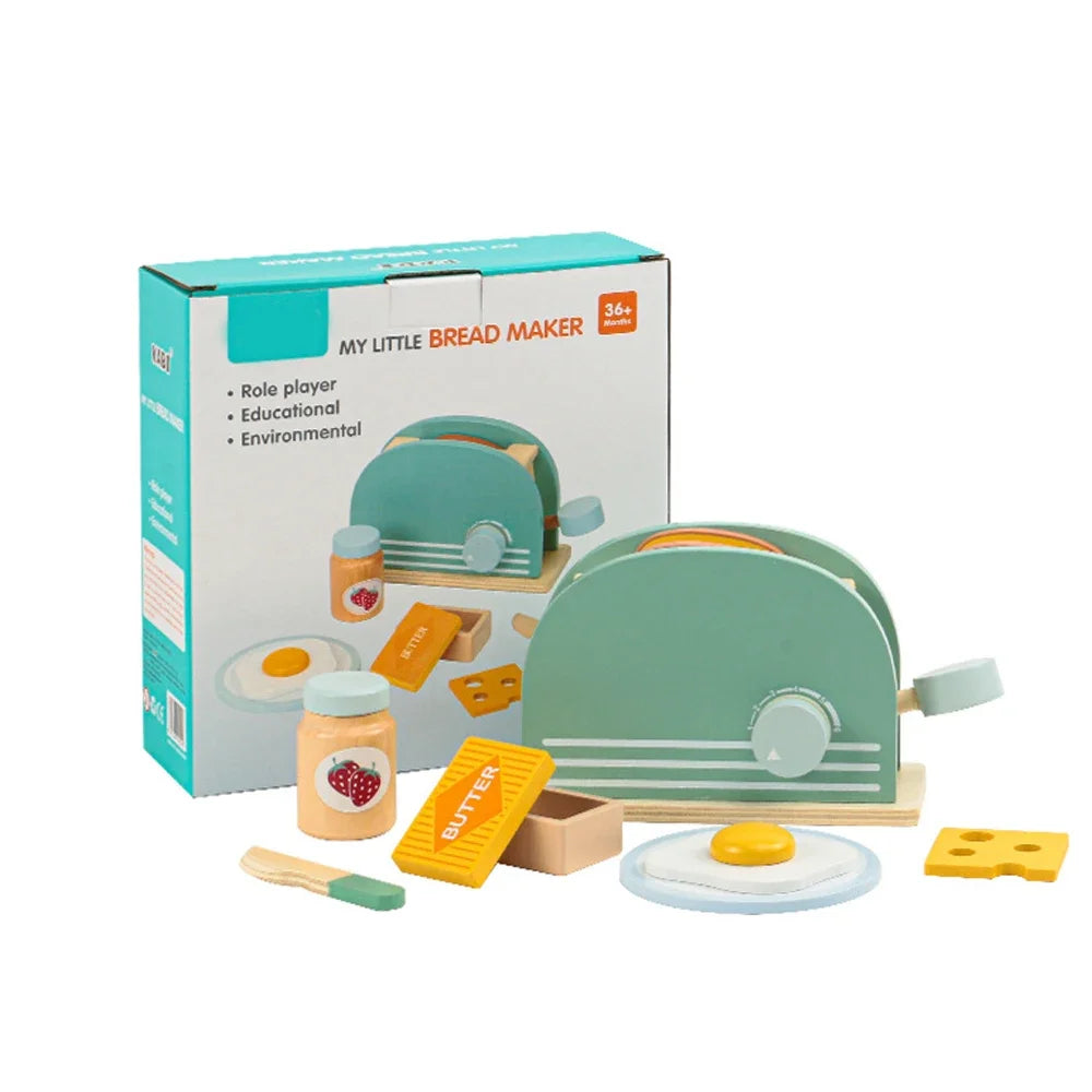 Wooden Toaster Toy Kids Bread Machine Kit Pretend Play Kitchen Toys Set Breakfast Educational Toys Gifts for Girls Boys