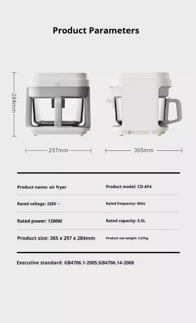 1200W Air Fryer with Transparent Glass Basket - No Flipping, Multifunctional Oven, Cool Touch Handle, 8-in-1 Cooking, Home Use