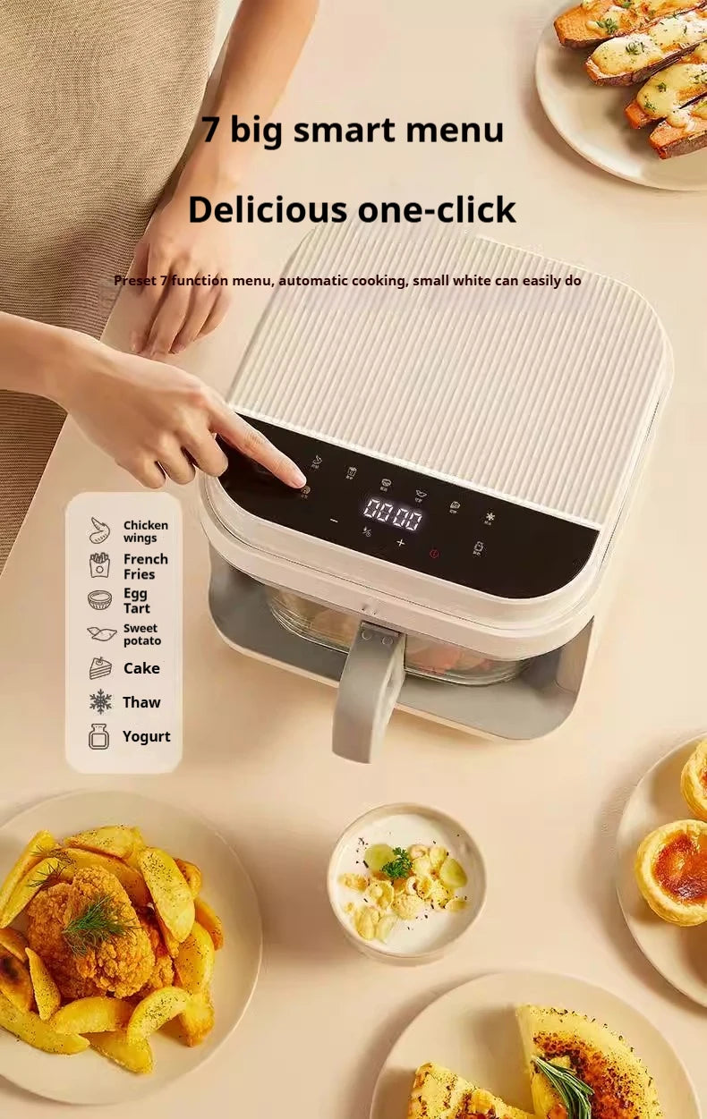 1200W Air Fryer with Transparent Glass Basket - No Flipping, Multifunctional Oven, Cool Touch Handle, 8-in-1 Cooking, Home Use