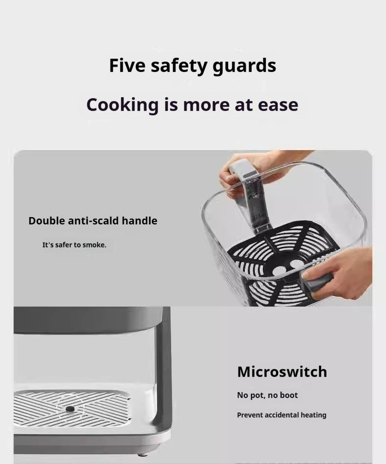 1200W Air Fryer with Transparent Glass Basket - No Flipping, Multifunctional Oven, Cool Touch Handle, 8-in-1 Cooking, Home Use