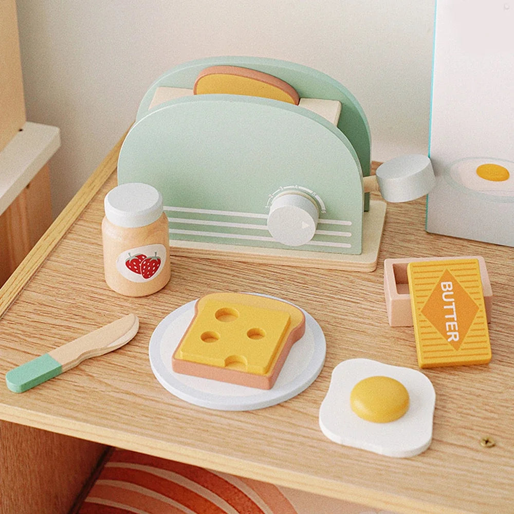 Wooden Toaster Toy Kids Bread Machine Kit Pretend Play Kitchen Toys Set Breakfast Educational Toys Gifts for Girls Boys