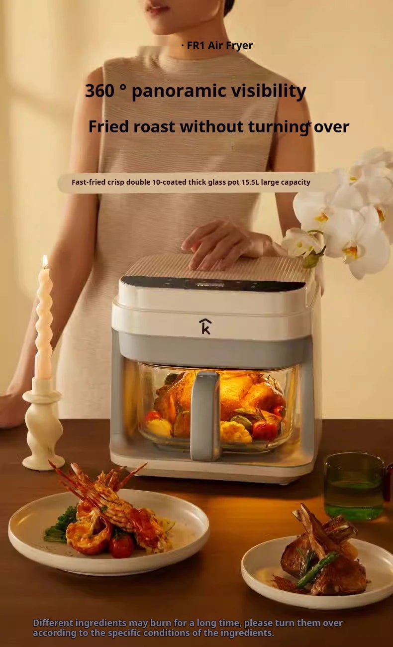 1200W Air Fryer with Transparent Glass Basket - No Flipping, Multifunctional Oven, Cool Touch Handle, 8-in-1 Cooking, Home Use