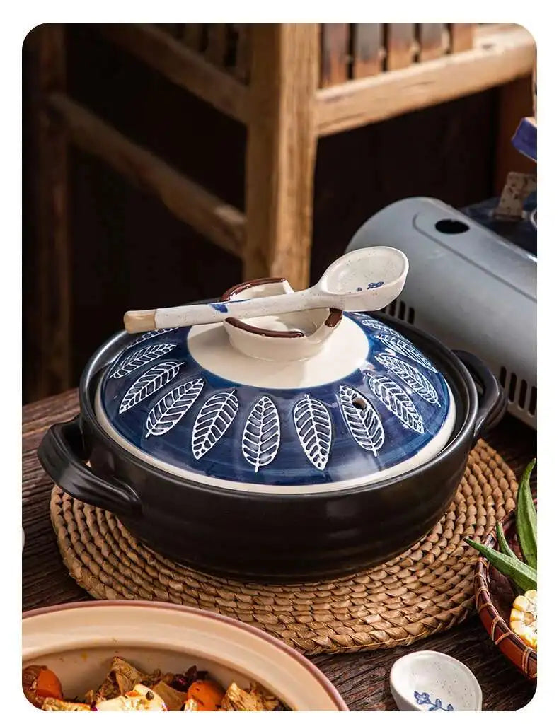 Japanese Ceramic Casserole Stew Pot Household Cooking Gas Retro Flower Pattern Soup Pots High Temperature Resistant Cooking Pot