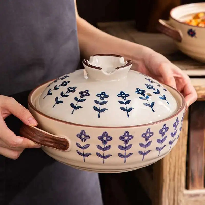 Japanese Ceramic Casserole Stew Pot Household Cooking Gas Retro Flower Pattern Soup Pots High Temperature Resistant Cooking Pot