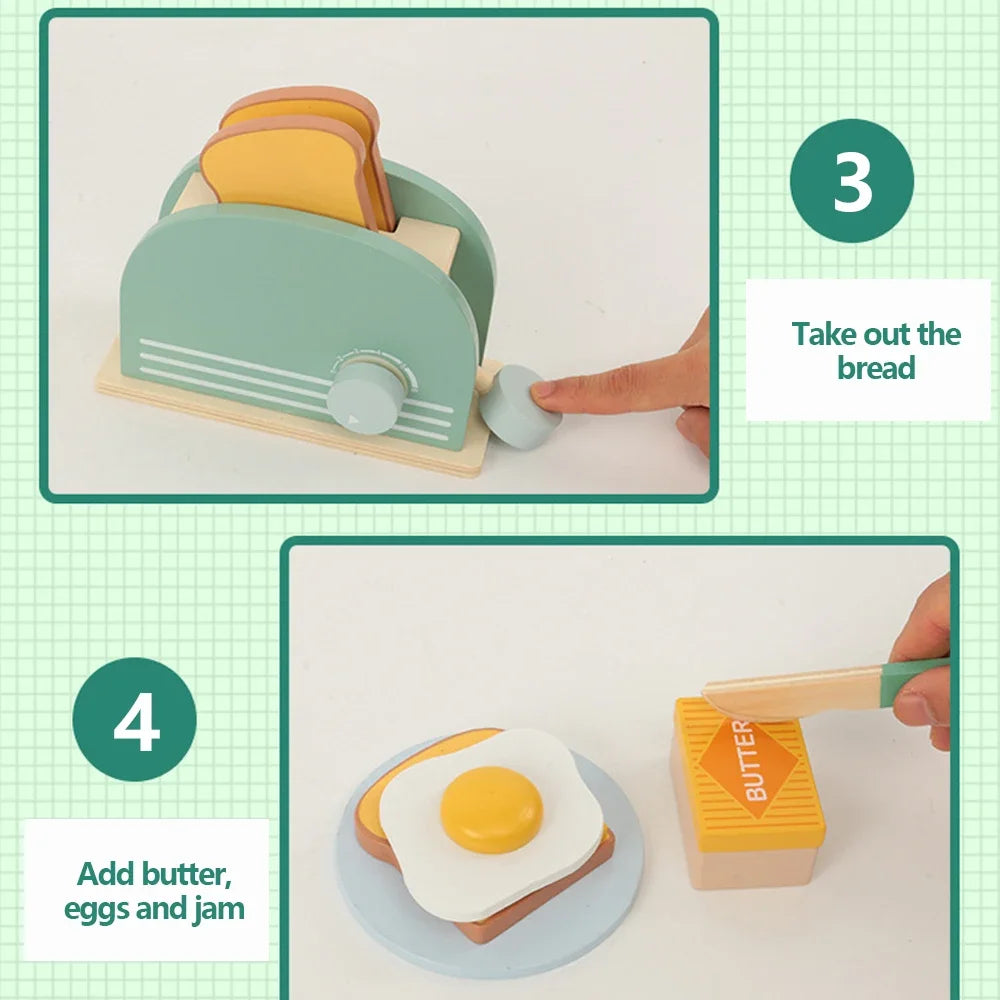 Wooden Toaster Toy Kids Bread Machine Kit Pretend Play Kitchen Toys Set Breakfast Educational Toys Gifts for Girls Boys