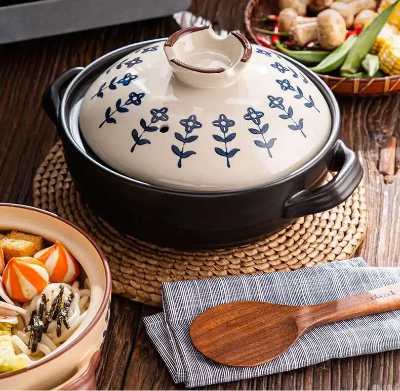 Japanese Ceramic Casserole Stew Pot Household Cooking Gas Retro Flower Pattern Soup Pots High Temperature Resistant Cooking Pot