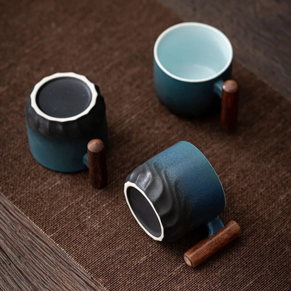 80ml Ceramic Retro Coffee Cup Office Water Cup Filter Tea Mug Wooden Handle Coffee Mug Handmade Tea Coffee Cup Birthday Gift