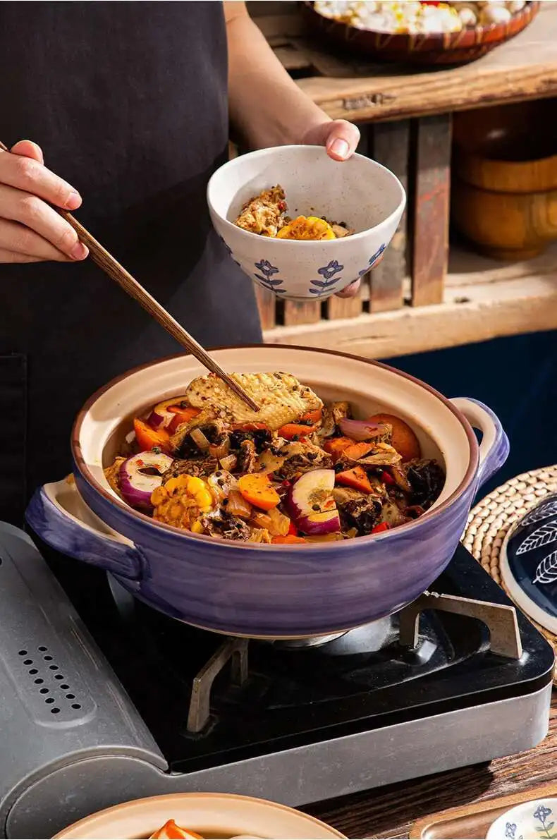 Japanese Ceramic Casserole Stew Pot Household Cooking Gas Retro Flower Pattern Soup Pots High Temperature Resistant Cooking Pot