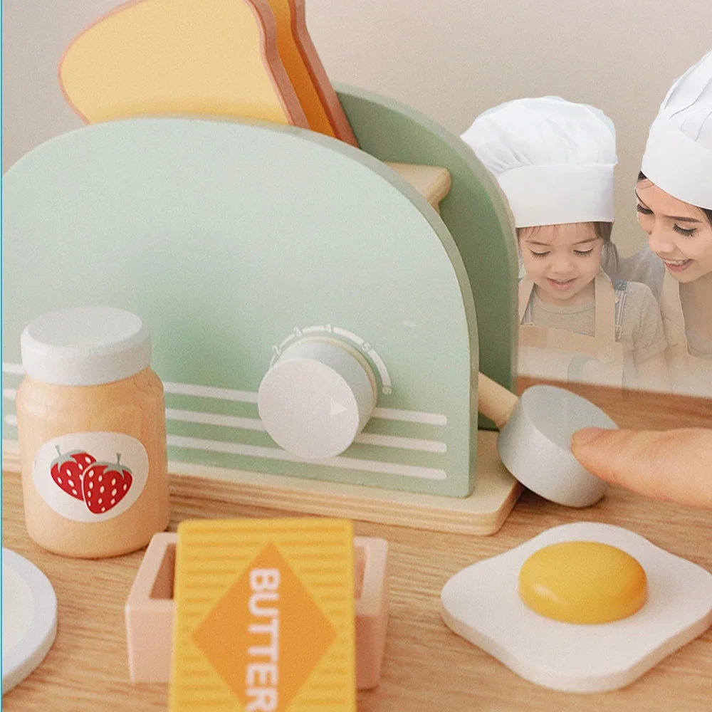 Wooden Toaster Toy Kids Bread Machine Kit Pretend Play Kitchen Toys Set Breakfast Educational Toys Gifts for Girls Boys