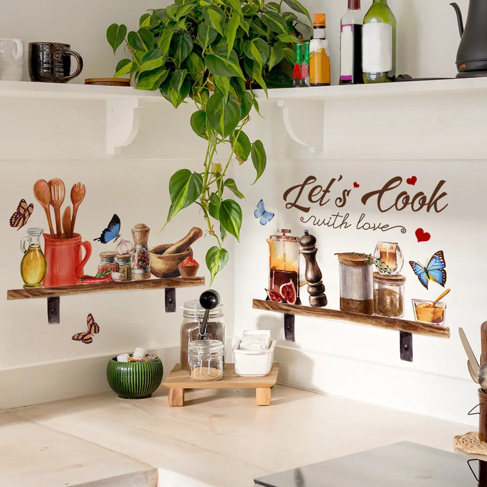 Kitchen Supplies Pattern Wall Sticker For Kitchen Restaurant Background Decoration Mural Art Home Decor Self Adhesive Wallpaper