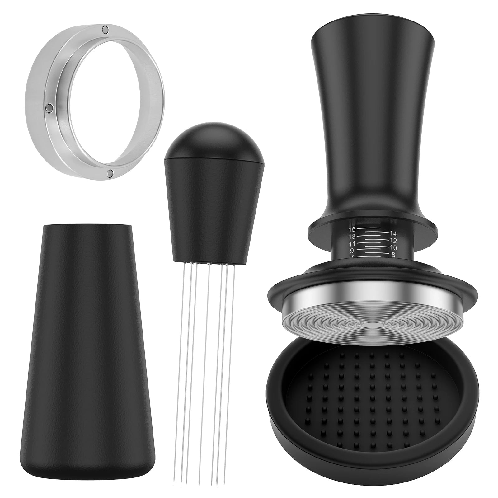 Coffee Machine Accessories Kit with Coffee Tamper Dosing Ring Distribution Needle and Tamper Mat Barista Espresso Making Tools