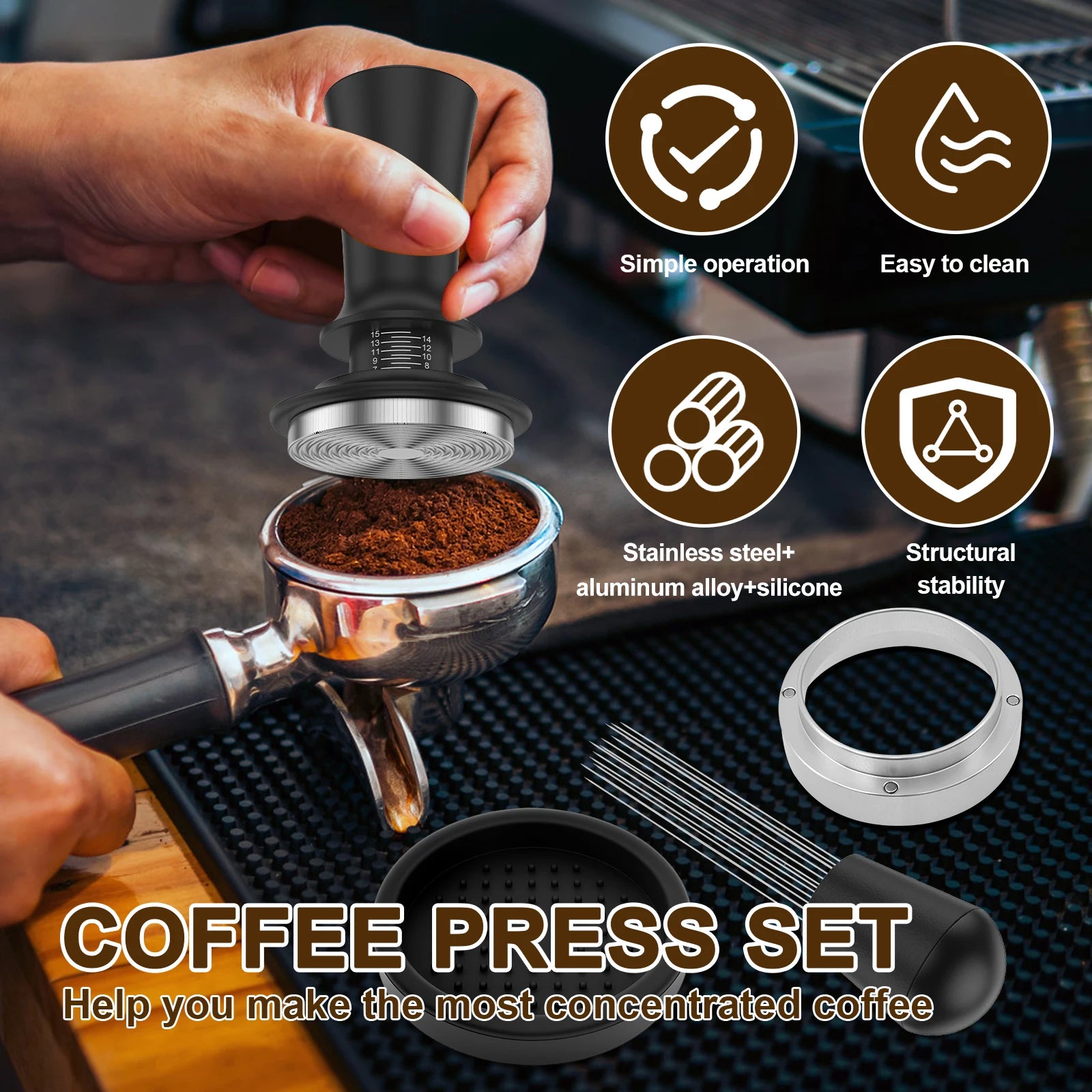 Coffee Machine Accessories Kit with Coffee Tamper Dosing Ring Distribution Needle and Tamper Mat Barista Espresso Making Tools