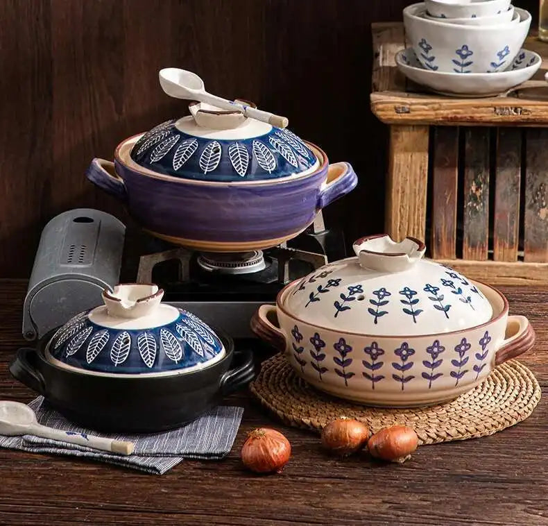 Japanese Ceramic Casserole Stew Pot Household Cooking Gas Retro Flower Pattern Soup Pots High Temperature Resistant Cooking Pot