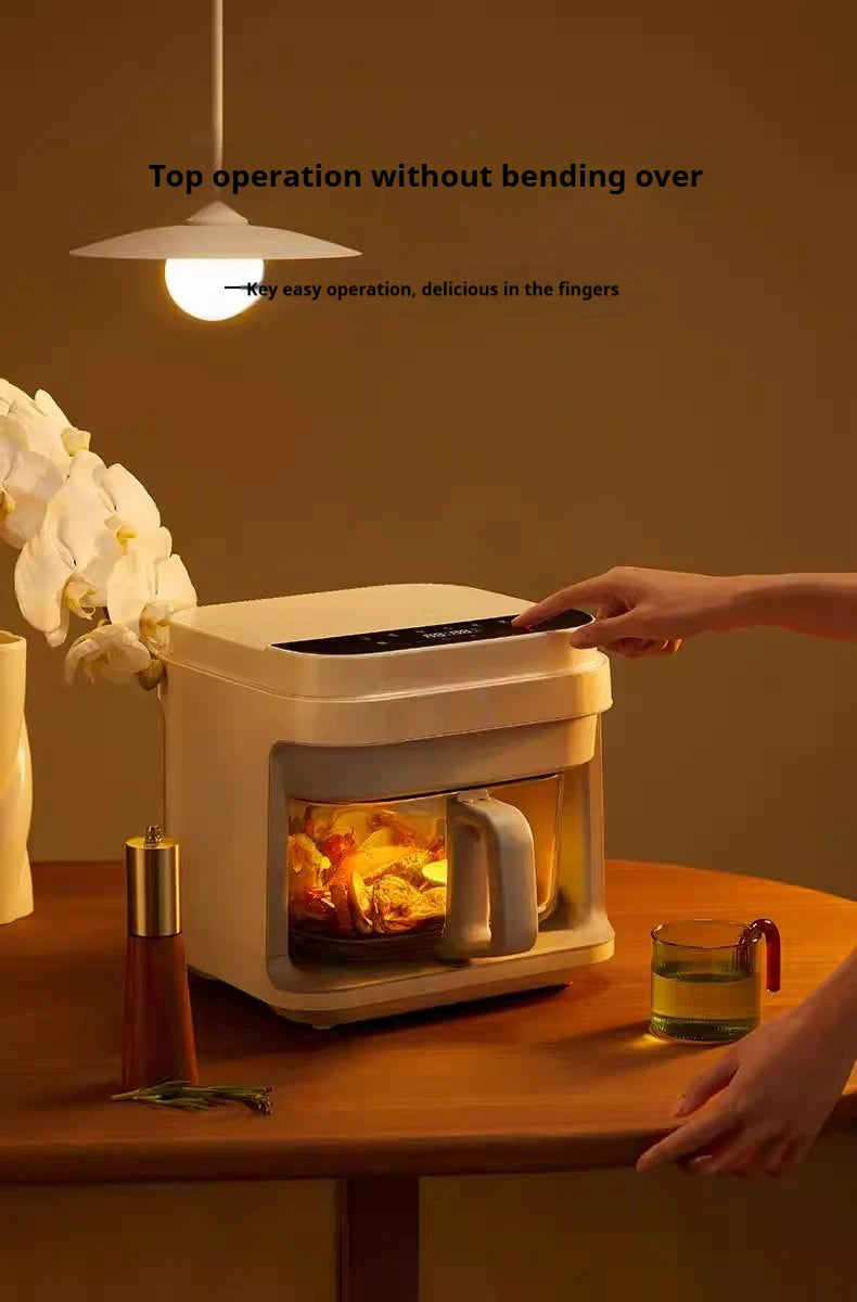 1200W Air Fryer with Transparent Glass Basket - No Flipping, Multifunctional Oven, Cool Touch Handle, 8-in-1 Cooking, Home Use