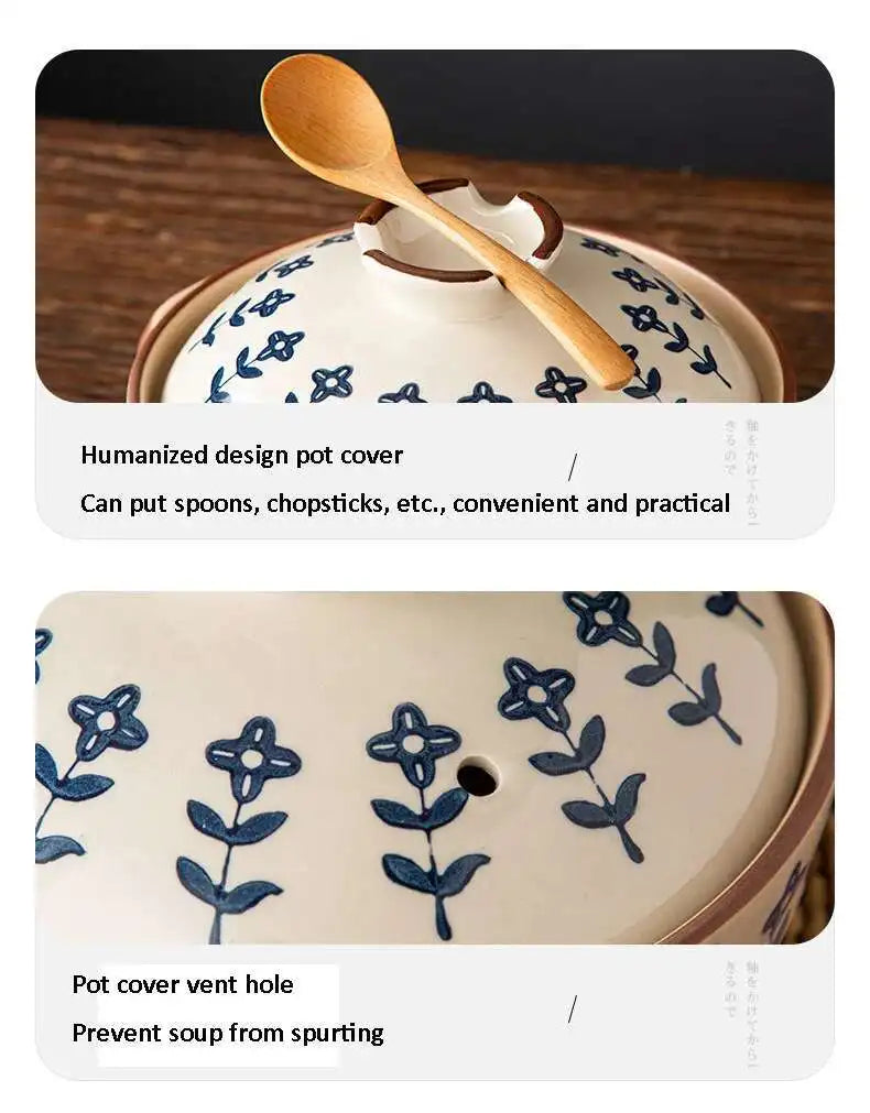 Japanese Ceramic Casserole Stew Pot Household Cooking Gas Retro Flower Pattern Soup Pots High Temperature Resistant Cooking Pot