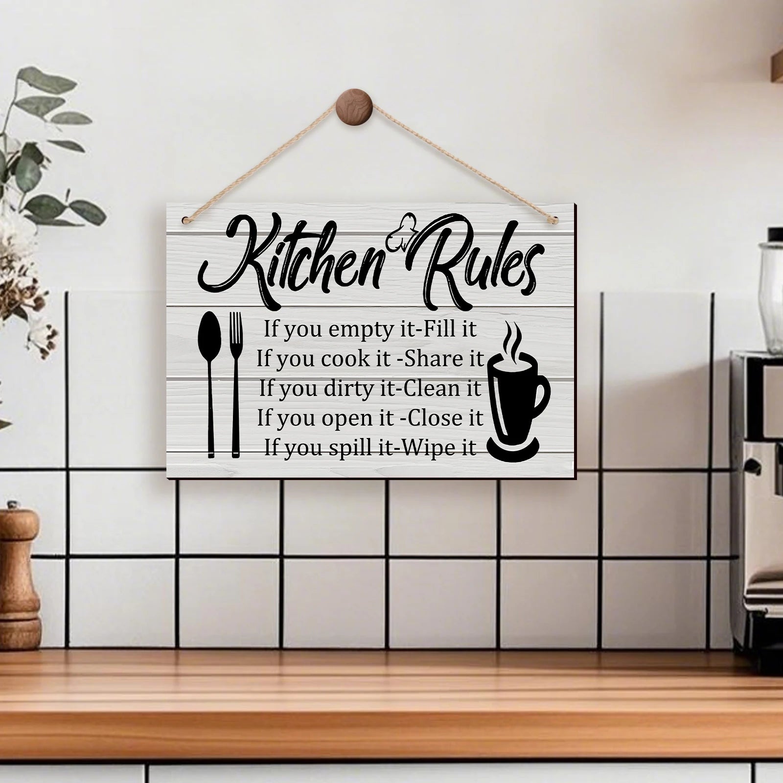 Kitchen Wooden Rules Decor Plaque with Utensil Icons and Funny Phrases to Enhance the Kitchen's Warm Atmosphere